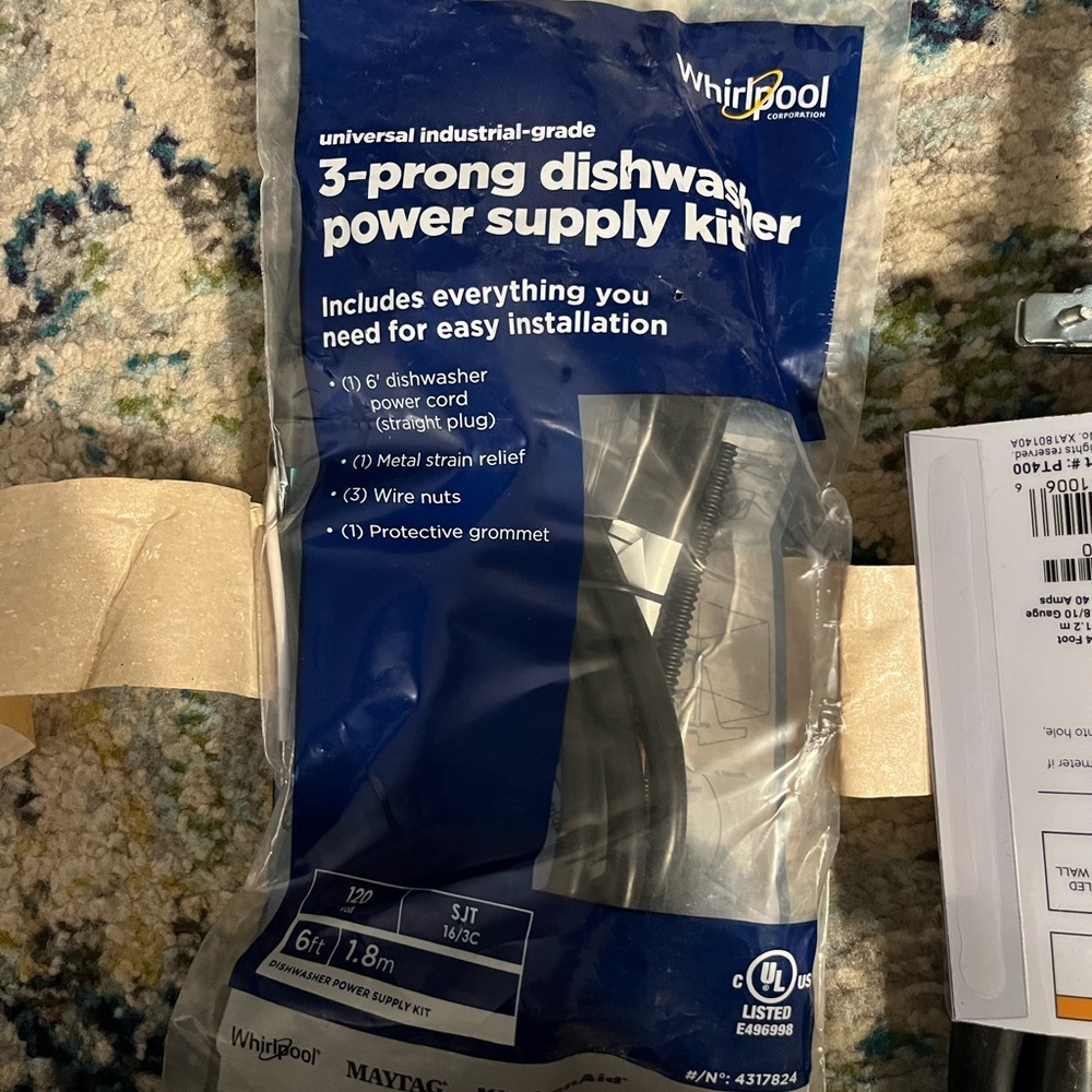 3 Prong Dishwasher Supply Kit 6ft cord